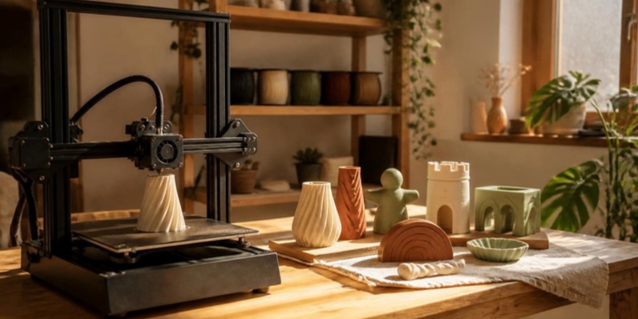 El taller de NODO: una impresora 3D trabajando junto a piezas terminadas