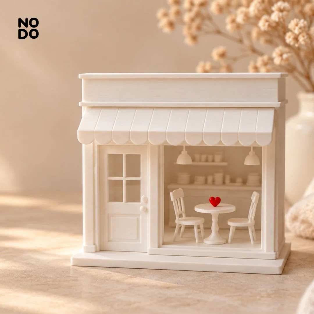 Miniatura 3D de una cafetería, recuerdo de una primera cita